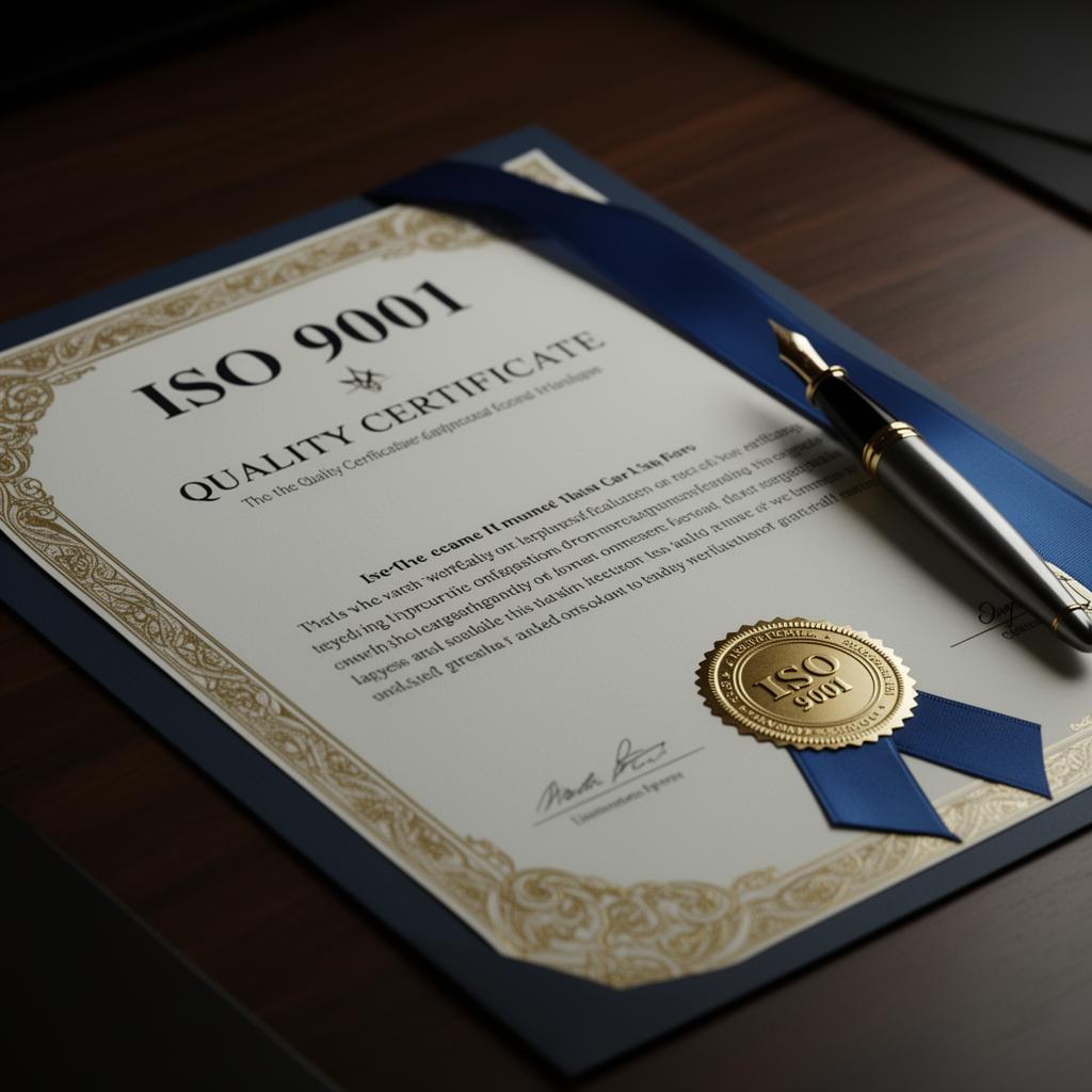 Certificato ISO 9001 di qualità con sigillo dorato e nastro blu
